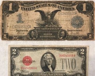 1928 Series D 2 dollar bill and 1899 Silver Certificate 1 dollar bill