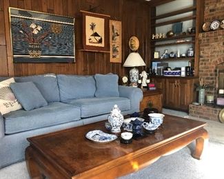 Sofa sleeper/burl walnut coffee table with matching side table