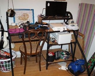 computer desk, printer, small TV, laptop, electronics