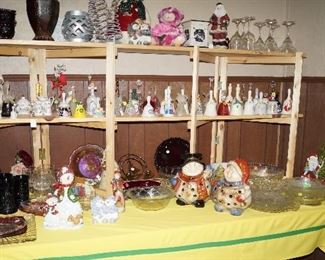 bells, snowman, depression glass, stemware, decor, glassware