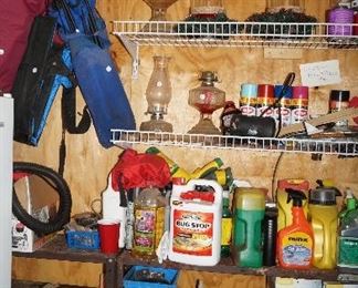 oil lamps, chemicals, bag chairs, misc tools