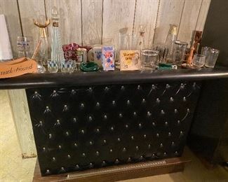 262) Mid Century Black Tufted Portable Bar.carry wheel right out of basement! $50