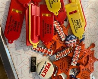 142) Vintage Political Whistles for Percy , Sheriff Star Push Tabs Osmanksi, Entire Bag $10