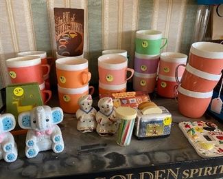 87) Whats on the Top Shelf? Therma Cups (14) $1.00 SOLD !Each, Elephant Salt Pepper PAIR $6, Toaster Salt Pepper $8( SOLD), Rooster Light Switch Plate $12, 3 Cups $3, 
