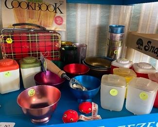 91) Top Shelf: Thermos Lunch Box, Thermos As Found $8., (8), Alum Colored Sherbet Ice Cream (5) $12,Ice Cream Scooper Tag $4