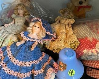 74) LOT of Knitted Outfit Dolls (5) ALL $5. Pair of Plastic Bells $2