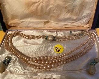 182)  Perfect Pearls 3 Strands, Earrings, Bracelet, Box Earrings Clasps as found. $8  All Jewelry was stored in wrapped tissue paper , box. Seems never used..or worn!