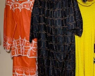 Bold tangerine, lemon yellow, black and gold linen African garb. MINT