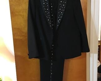 Ladies black sequin trimmed tuxedo pant suit. 