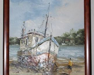 Original Oil on Canvas Framed ”Shrimp Boat Aground” Signed by Artist. (13 1/2” x 25”)