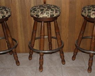 Vintage 1979’s Solid Wood Barstools with Camel Print Upholstery Cushion Seats (3 ea)