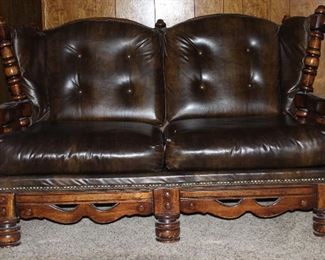 Vintage 1970’s Solid Wood Colonial Style Love Seat with Brown Naugahyde Upholstery