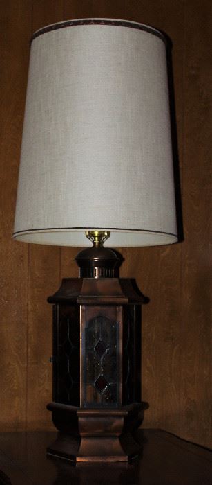 Vintage 1970’s Lantern Style Copper and Stain Glass Table Lamps