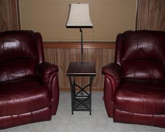 Lane Leather Rocker Recliner Shown with Metal Base Wood Top Magazine Rack Lamp Table