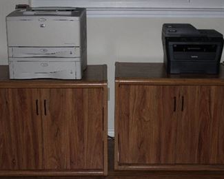 Oak finish 2-Door Cabinets Shown with: HP Laser Jet 5100tn Printer w/Q1866A 500 Sheet Paper Feeder and Brother DCP-7060D Multi Function Printer
