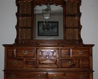 American Drew Inc. Dresser w/ Mirror with Display Shelves (68”W x 80 “H x 19”D overall measurements)