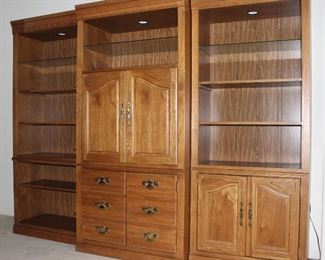 Golden Oak 3-piece Sectional Entertainment Cabinet/Bookcase/Curio. Side sections: 32” W x 78”H, center section 36” W x 78”H.