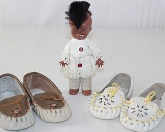 Vintage Infant Leather Beaded Indian Moccasins Shown with a Vintage Hard Plastic “Mohawk” 6” Indian Doll