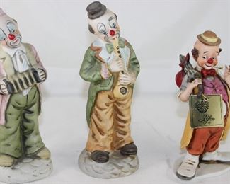 Bisque Porcelain Clown Figurines: Clown with Accordion, Clown with Horn and Lefton Hobo Clown