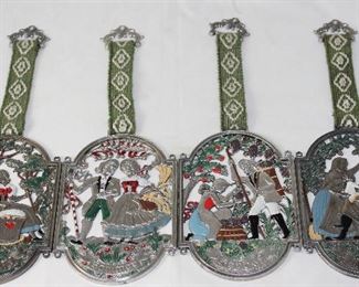 Pewter Hand Painted Four Seasons Wall Medallions hanging from a Braided Ribbon with Pewter Rings