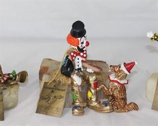 Ronald A Lee 24K Gold Plate Metal Clown Sculptures on Onyx Rock Slab each Signed “Ron”