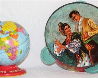 Vintage 1960’s Tin Made in USA World Bank Globe (5”) and Tin Toy Tambourine 56”D)