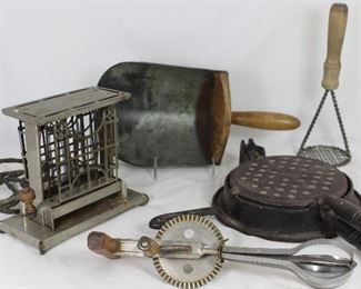 Antique & Vintage Kitchenware: “The Eclipse” Compton & Co. Electric Toaster, Antique “ Wikbake” Wrightsville Hardware Co. Antique Cast iron Waffle Maker, AJ Echo High Speed Super Center, Drive Beater c.1936 Pat# 2049727 - Antique Wooden Handle Galvanized Scoop - vintage 1030’s Wood Handle Wire Mesh Potato Masher/Ricer