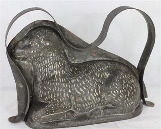 Rare Antique Tin Large Lamb Cake/Chocolate Mold (12”L x 5”W x 8”H) overall (23 3/4”L x 5”D x 9 1/3”H)