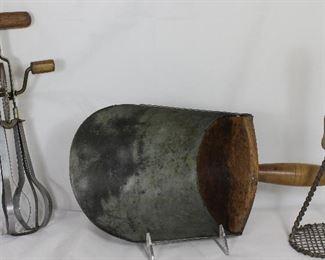 Vintage Kitchen Collectibles: AJ Echo High Speed Super Center, Drive Beater c.1936 Pat# 2049727 - Antique Wooden Handle Galvanized Scoop - vintage 1030’s Wood Handle Wire Mesh Potato Masher/Ricer