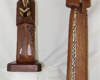 Vintage Hand Carved Monks: Seated Monk with Bible (10”) and Standing Pole Monk with Cross (23”H)