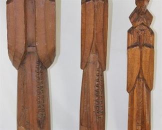 Vintage Hand-carved Wooden Monk Statues: 18”, 17.5” & 14.5”