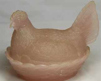Indiana Glass Pink Satin Glass Hen on Nest covered Dish