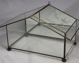 Etched Glass and Brass “House” Wall Curio Cabinet