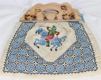 Vintage Pyrographic Wood Handle Hand Embroidery Cross Stitch Tote Bag