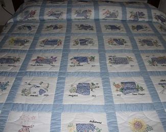 Handmade, Hand Quilted, Hand Embroidery King Size State Quilt