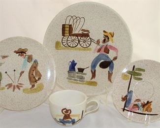 Red Wing Pottery “Roundup” 1958 Hand Painted 4 Piece Place Setting: Dinner Plate, Salad Plate and Cup & Saucer