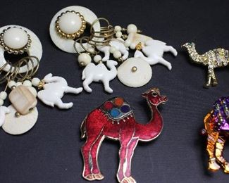 Faux Ivory Camel Fetus Dangle Pierced Earrings and Camel Enamel and Rhinestone Pins