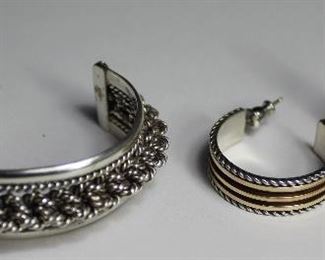 Vintage JR Sterling Bracelet and Tom Hawk Sterling and 12K Gold Pierced Hoop Earrings