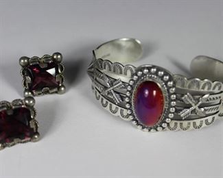 Vintage silver Screwback Faceted Red Stone Earrings and American Indian Sterling Red Cabochon Stone Bracelet