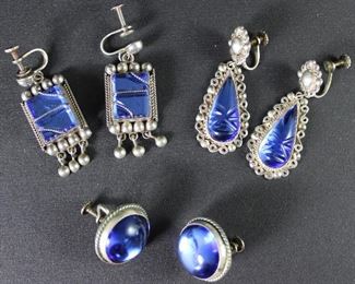 Sterling Vintage Screwback Blue Stone Earrings: iguana Mexico Sterling DangleEarrings ,Carved AztecMask Face Stone Sterling and Sterling Cabochon Blue Stone