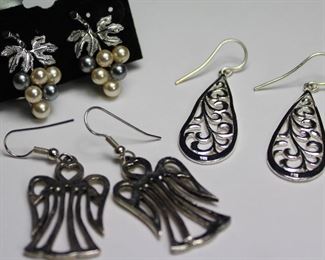 Sterling 925 Pierced Earrings: Pearl Grape Cluster, Filigree Teardrop and Angels
