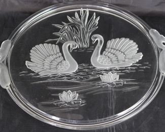 Mikasa Cake Plate, Vintage Walter West Germany Frosted Swan Handles, Swans and Water Lilies Crystal 12 1/2”