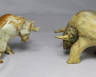 Large Onyx Hand Carved Bull and Vintage Papier-mâché Bull