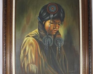 C. Jefares Original Oil on Canvas Indian Youth in Linen Matted Frame (20 1/2” x 25”)
