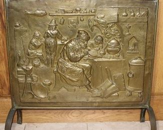 Vintage Brass Embossed Tavern Scene Fireplace Screen (27”W x 21 1/2”H) on 6” Cast Iron Legs