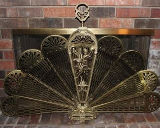 Brass Art Nouveau Maiden Design Folding Fan Style Fireplace Screen. Measures 33-1/2" tall x 45" wide when opened.