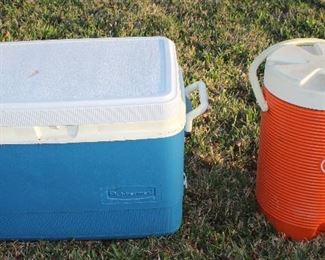 Rubbermaid Blue Cooley and an Orange Gott Drink Cooler