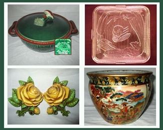 Belgian Casserole Lidded Dish, Large Excellent Vintage Refrigerator Dish, Vintage Yellow Rose Plaques and Asian Inspired Planter 