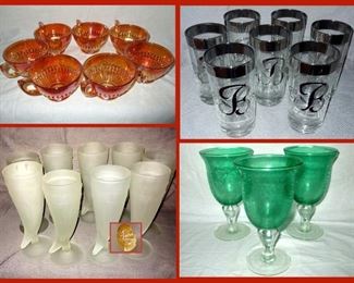 Carnival Glass, Mid Century Modern Tumblers, Tiara White Satin Glass  Powder Horn Beer Glasses and Pretty Green Glass Stemware 