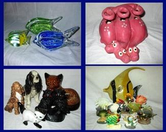 Glass Fish, Dogs, Cats and Owls, Funky Pink Candle Holder and Lots of Fish  